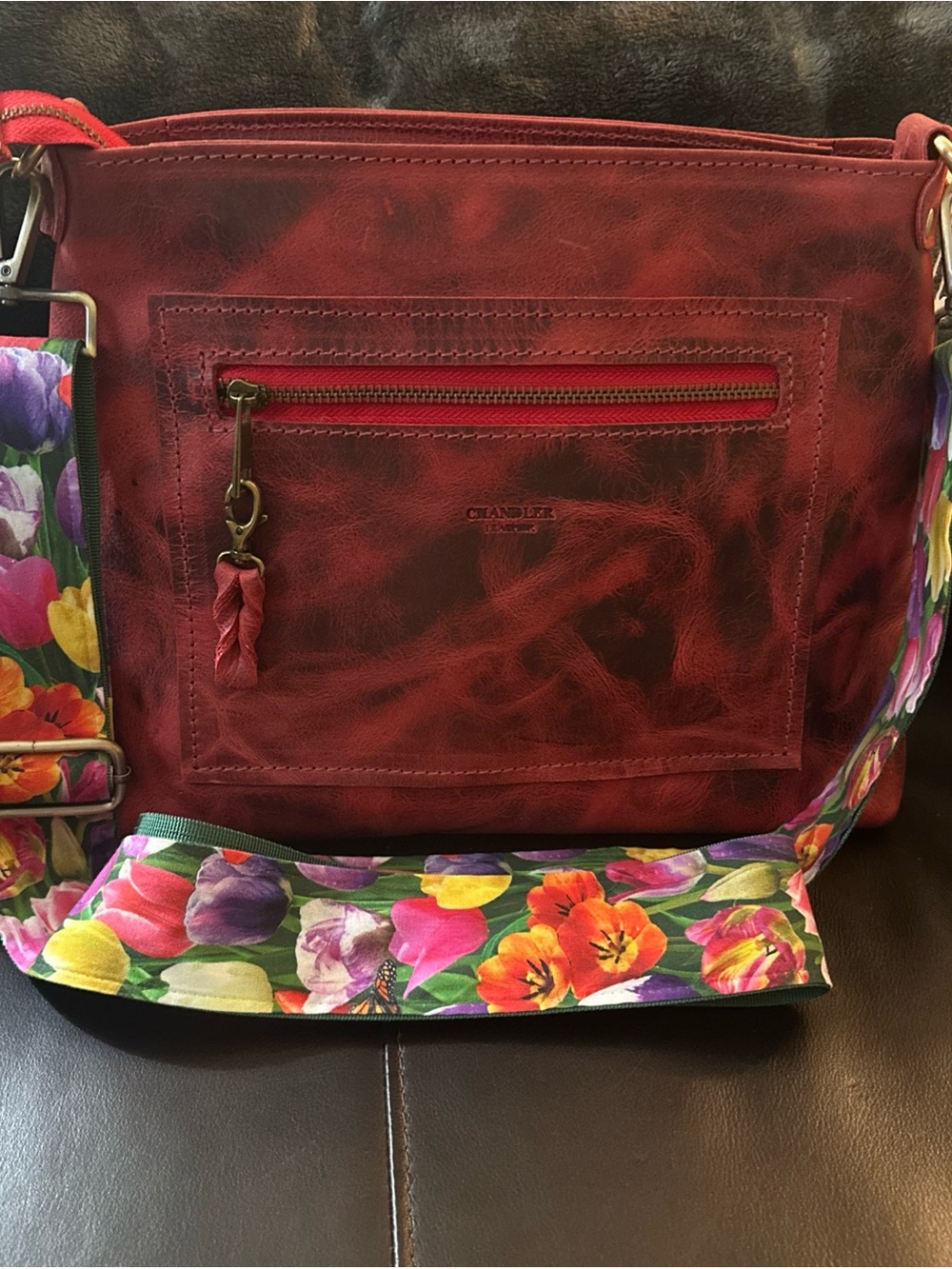 Old Trend Chandler Red Leather Crossbody Bag with Floral Tulip Strap